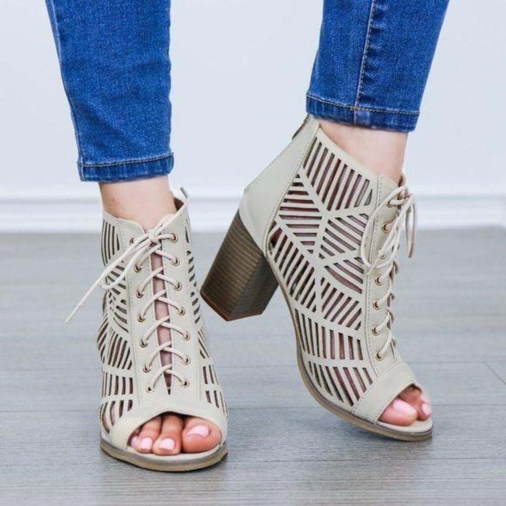 Beige Lace Up Heels Cutout Strap Chunky Block Heel Open Toe Sandals